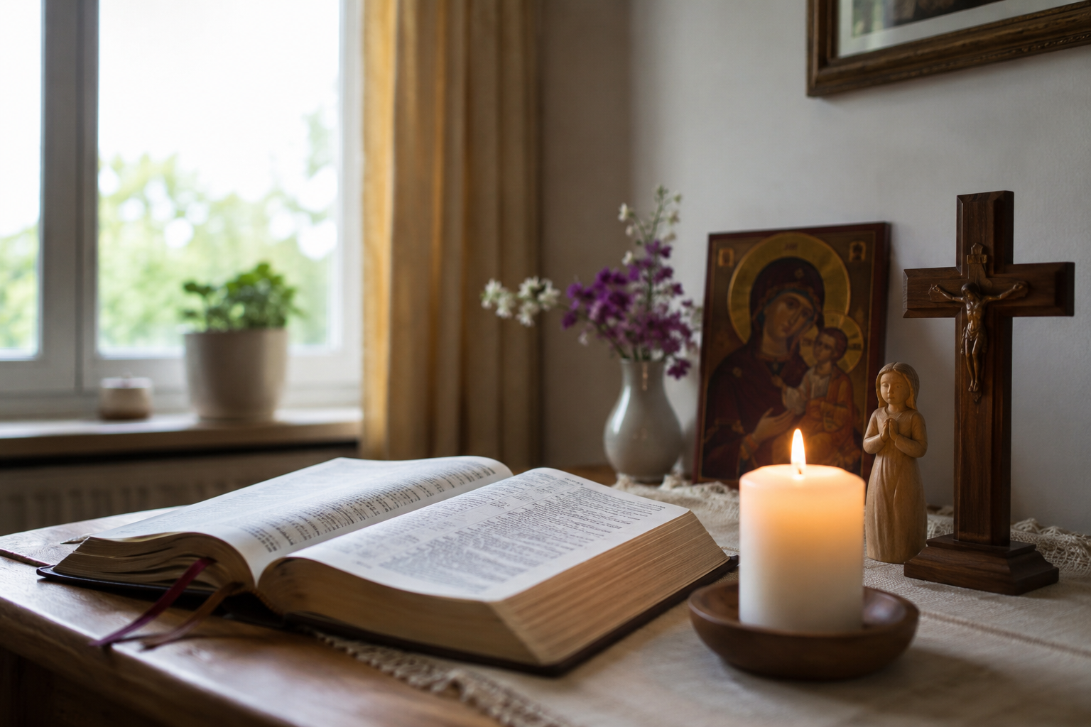 Ein heiliger Ort mit Bibel, Kerze und Kreuz