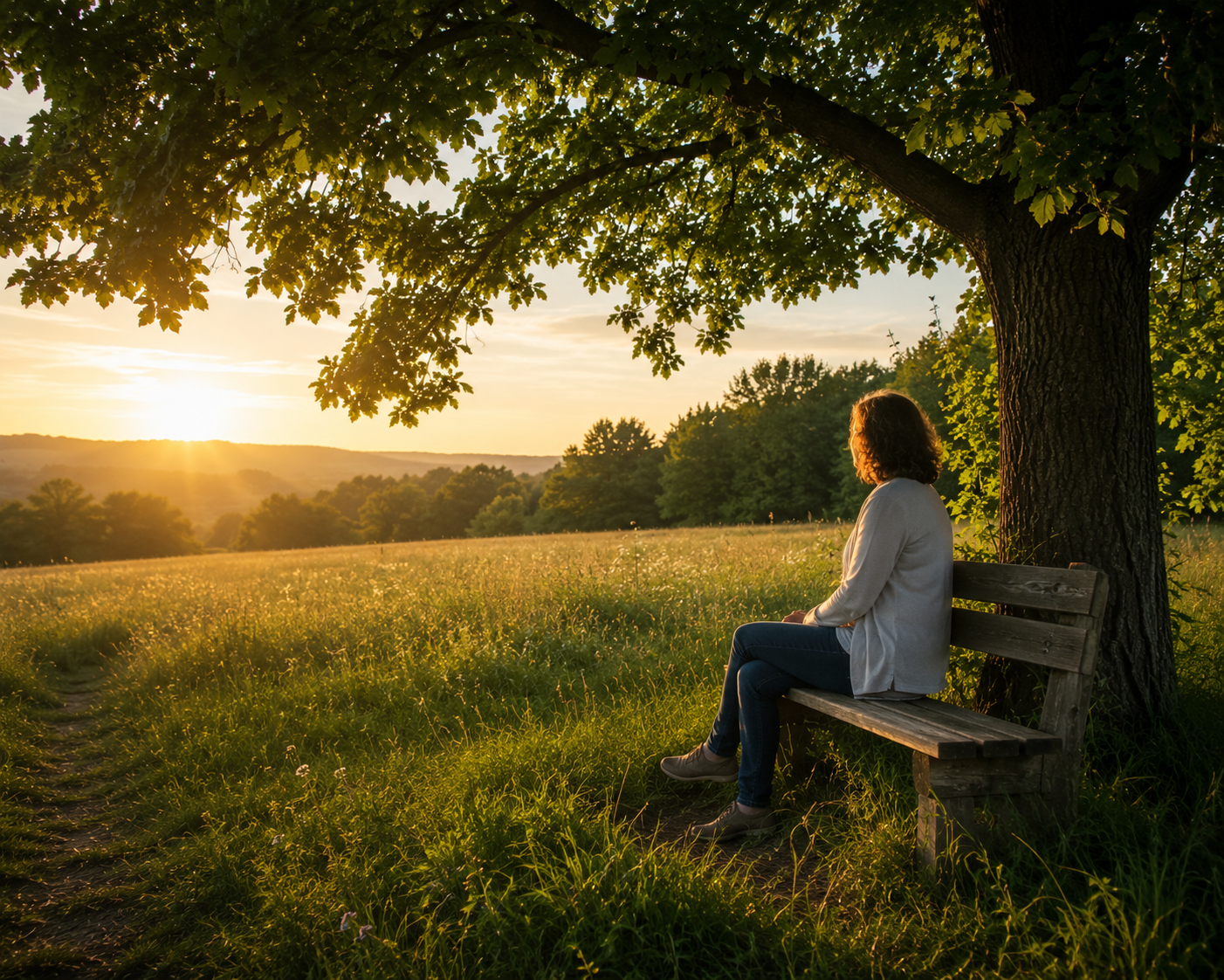 Eine Frau sitzt unter einem großen Baum auf einer Bank und findet dort Gottes Nähe